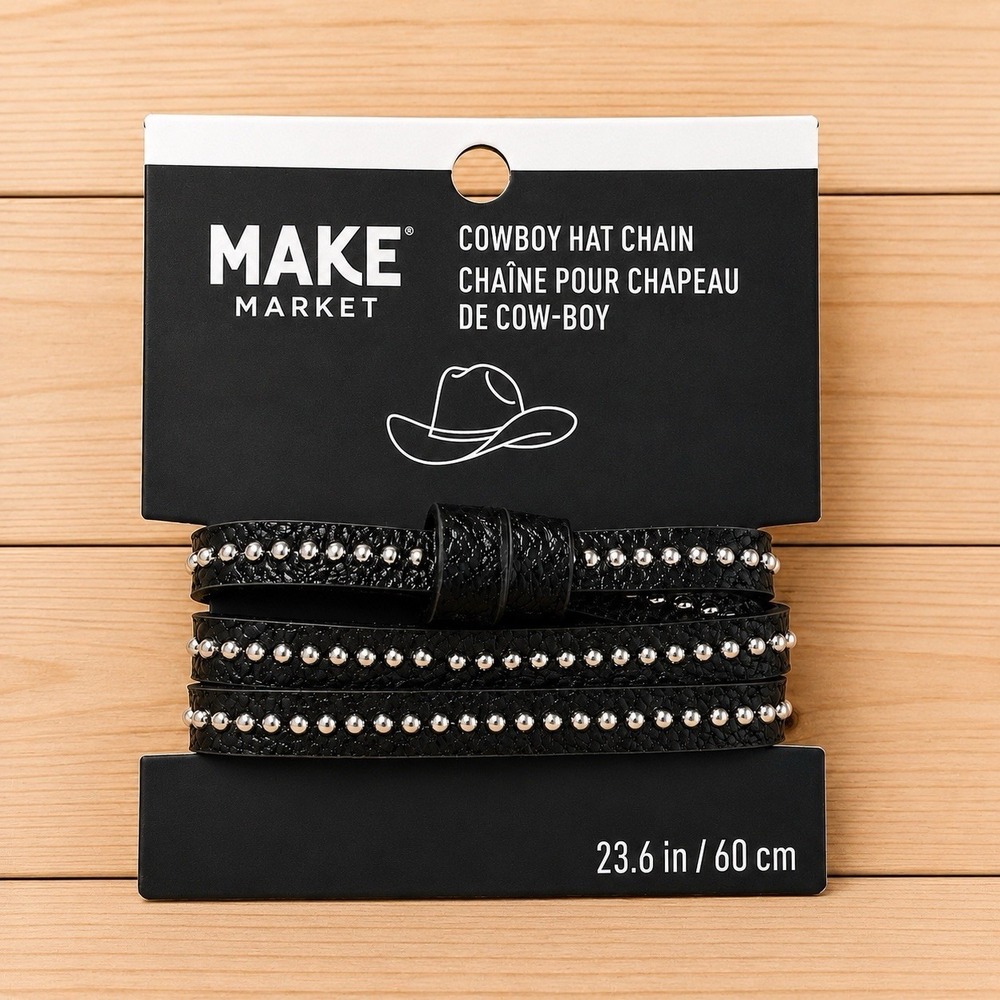 MAKE Market Black Studded Cowboy Hat Chain Faux Leather 23.6" Western New[J]